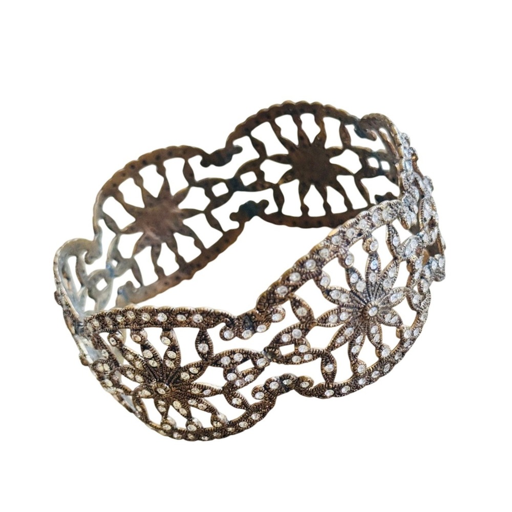 Art Deco Style Floral Star Bangle Bracelet VTG Gold Estate Brass Statement Wide